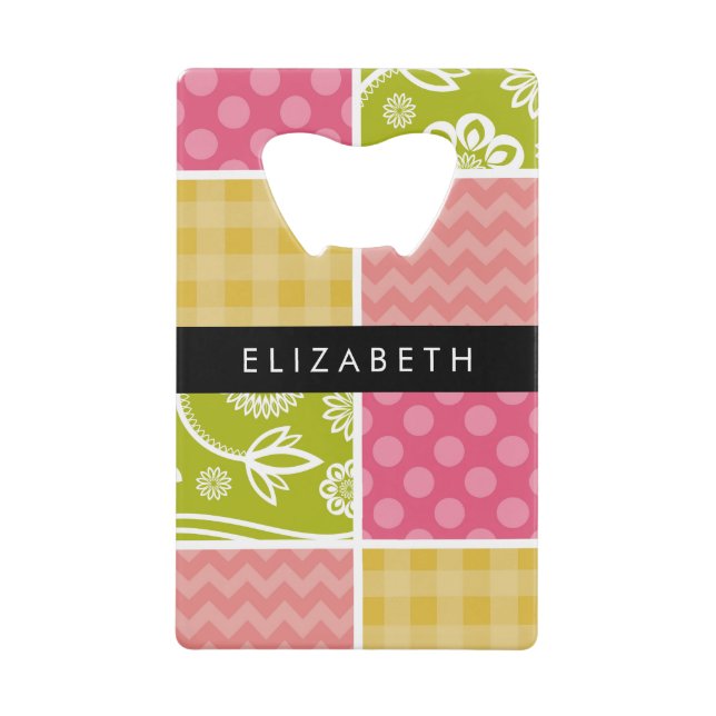 Zigzag, Chevron, Polka Dots, Gingham, Your Name Credit Card Bottle Opener (Front)