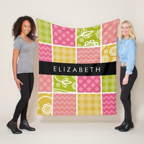 Zigzag Chevron Polka Dots Gingham Your Name Fleece Blanket