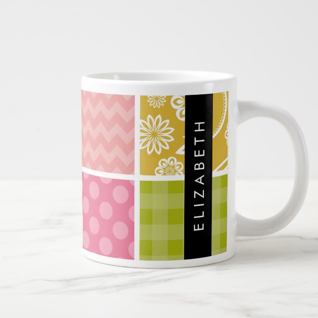 Zigzag, Chevron, Polka Dots, Gingham, Your Name Giant Coffee Mug (Right)