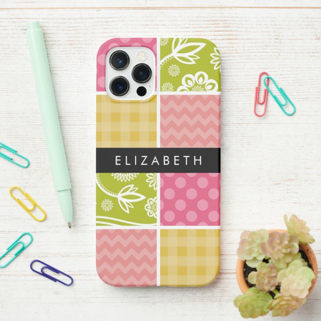Zigzag, Chevron, Polka Dots, Gingham, Your Name iPhone Case (On Desk)