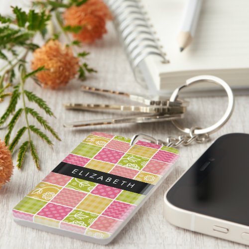 Zigzag Chevron Polka Dots Gingham Your Name Keychain