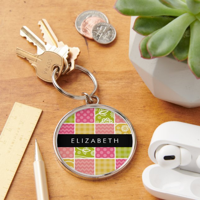 Zigzag, Chevron, Polka Dots, Gingham, Your Name Keychain (Desk)