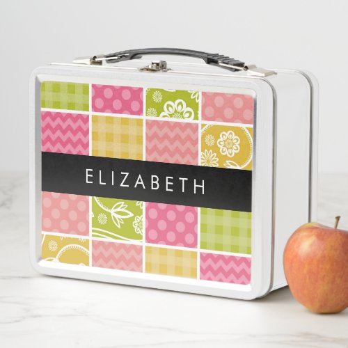 Zigzag Chevron Polka Dots Gingham Your Name Metal Lunch Box