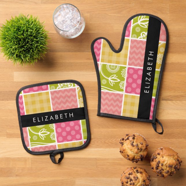 Zigzag, Chevron, Polka Dots, Gingham, Your Name Oven Mitt & Pot Holder Set (Top Down)