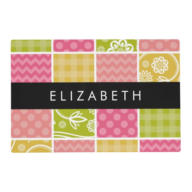 Zigzag, Chevron, Polka Dots, Gingham, Your Name Placemat (Front)