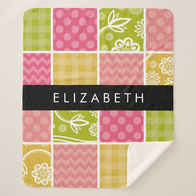 Zigzag, Chevron, Polka Dots, Gingham, Your Name Sherpa Blanket (Front)