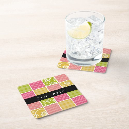 Zigzag Chevron Polka Dots Gingham Your Name Square Paper Coaster