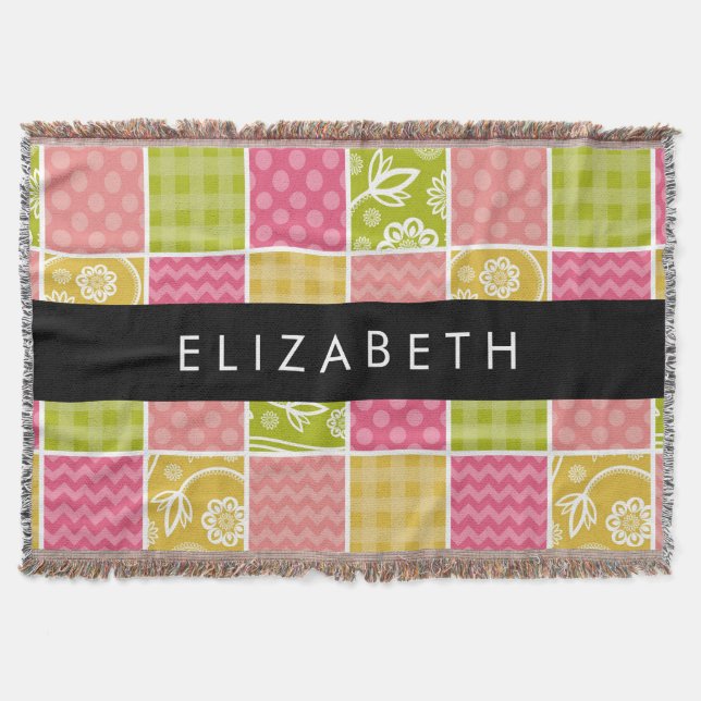 Zigzag, Chevron, Polka Dots, Gingham, Your Name Throw Blanket (Front)