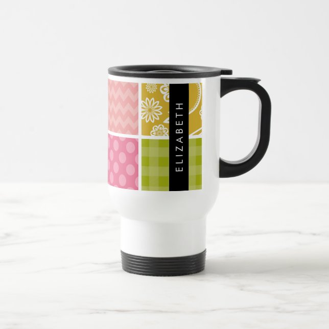 Zigzag, Chevron, Polka Dots, Gingham, Your Name Travel Mug (Right)