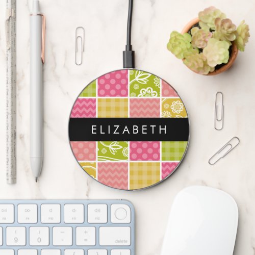 Zigzag Chevron Polka Dots Gingham Your Name Wireless Charger