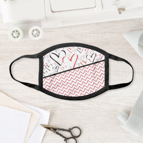 Zigzag Chevron Red and White Lines Pattern Hearts Face Mask