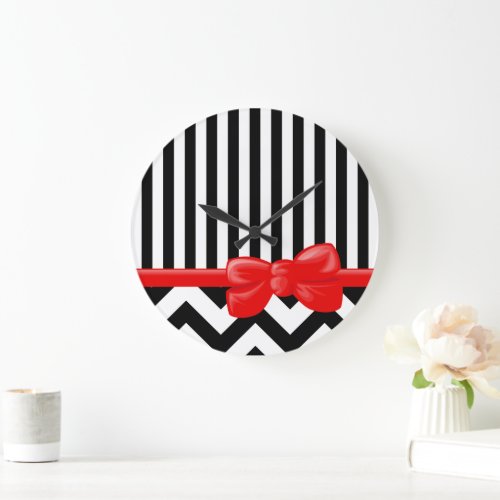 Zigzag Chevron Stripes Black and White Large Clock