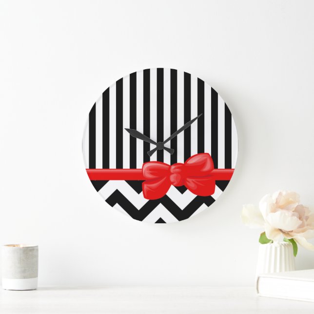 Zigzag, Chevron, Stripes, Black and White Large Clock (Home)
