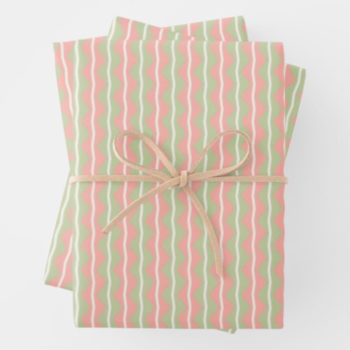 Zigzag Chevron Stripes _ PinkGreen and pale Ivory Wrapping Paper Sheets