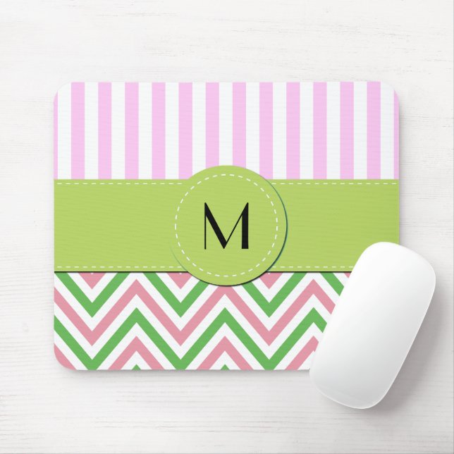 Zigzag, Chevron, Stripes, Pink, Green, Monogram Mouse Pad (With Mouse)