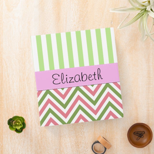 Zigzag, Chevron, Stripes, Pink, Green, Your Name 3 Ring Binder (In Situ)