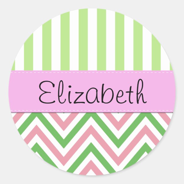 Zigzag, Chevron, Stripes, Pink, Green, Your Name Classic Round Sticker (Front)