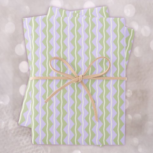 Zigzag Chevron Stripes_PurpleGreen and pale Ivory Wrapping Paper Sheets