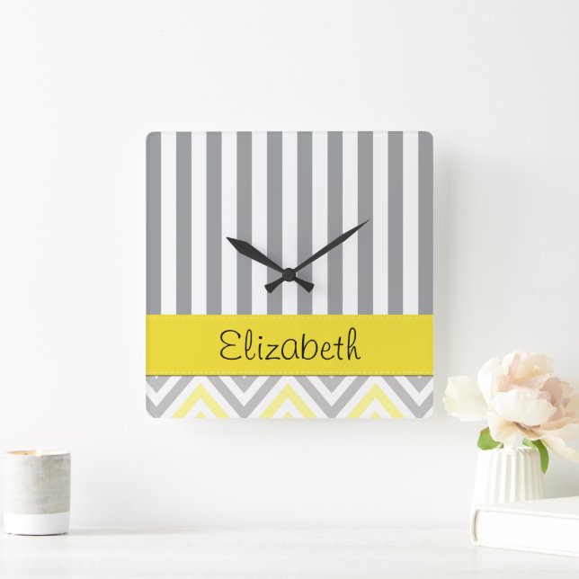 Zigzag, Chevron, Stripes, Yellow, Gray, Your Name Square Wall Clock (Home)