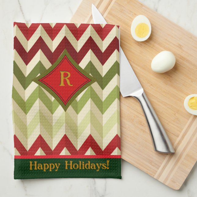 Zigzag Christmas (Monogrammed) Kitchen Towel (Quarter Fold)