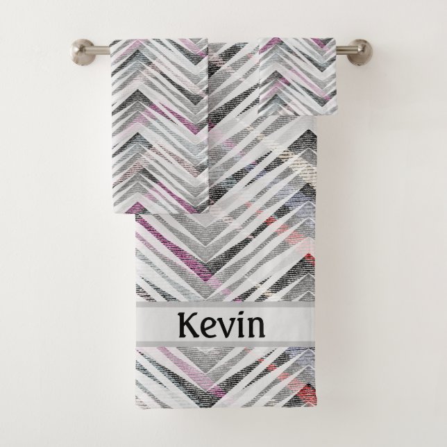 Zigzag, geometric, gray, lilac, pink, black, strip bath towel set (Insitu)