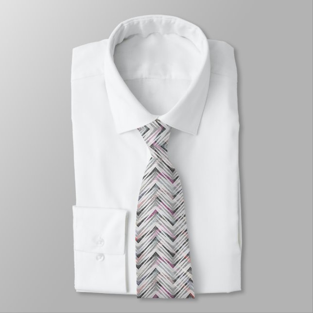 Zigzag, geometric, gray, lilac, pink, black, strip neck tie (Tied)