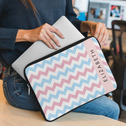 Zigzag Pattern, Chevron, Blue, Pink, Your Name Laptop Sleeve