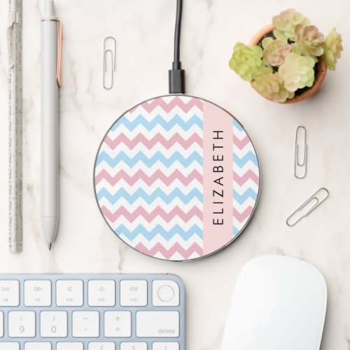 Zigzag Pattern Chevron Blue Pink Your Name Wireless Charger