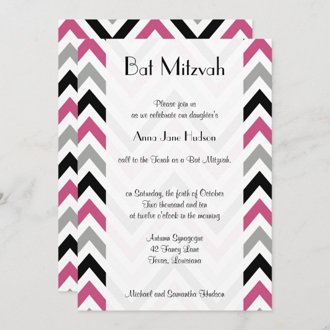 Zigzag Pattern, Chevron Pattern, Pink, Bat Mitzvah Invitation (Front/Back)
