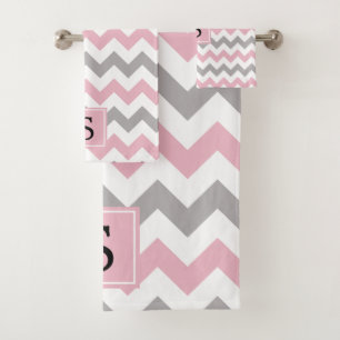 Zigzag Pattern, Chevron Pattern, Pink, Monogram Bath Towel Set