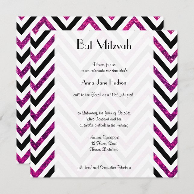 Zigzag Pattern, Chevron, Pink Glitter, Bat Mitzvah Invitation (Front/Back)