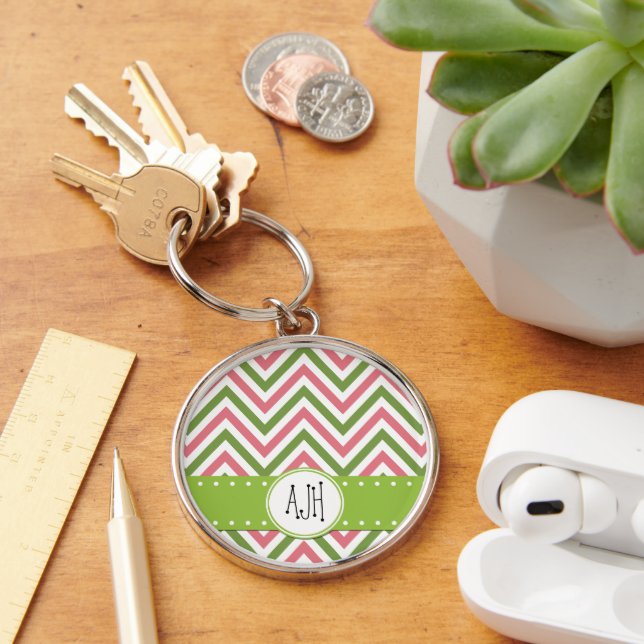 Zigzag Pattern, Chevron, Pink, Green, Monogram Keychain (Desk)