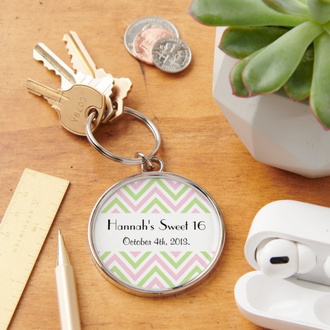 Zigzag Pattern, Chevron, Pink, Green, Sweet 16 Keychain (Desk)