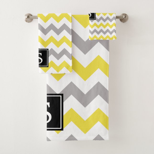 Zigzag Pattern, Chevron, Yellow, Gray, Monogram Bath Towel Set (Insitu)