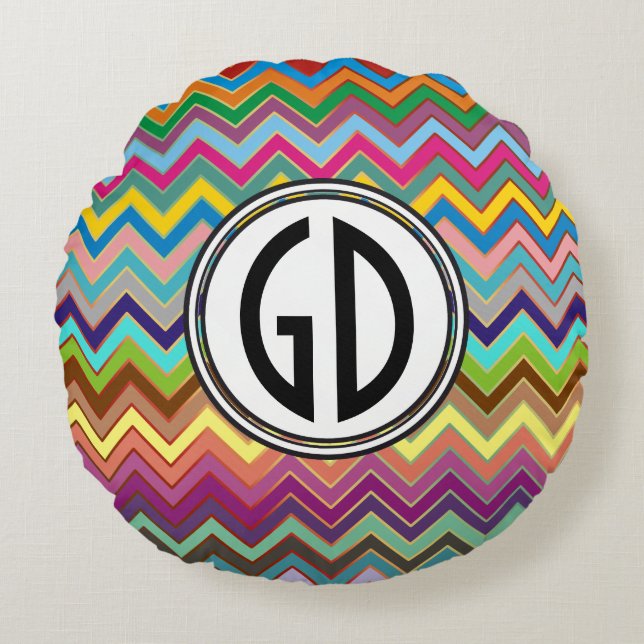 ZIGZAG pattern - colored + your monogram Round Pillow (Front)