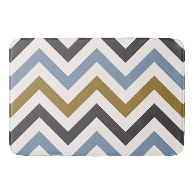 Zigzag Pattern Gold Grey & Blue on Cream Bathroom Mat (Front)