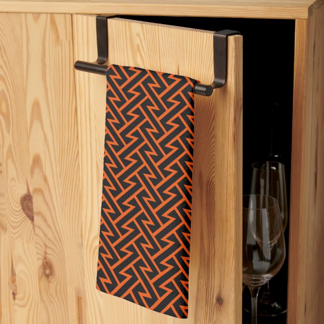 Zigzag Pattern Modern Geometric Orange & Black Kitchen Towel (Thirds Fold)