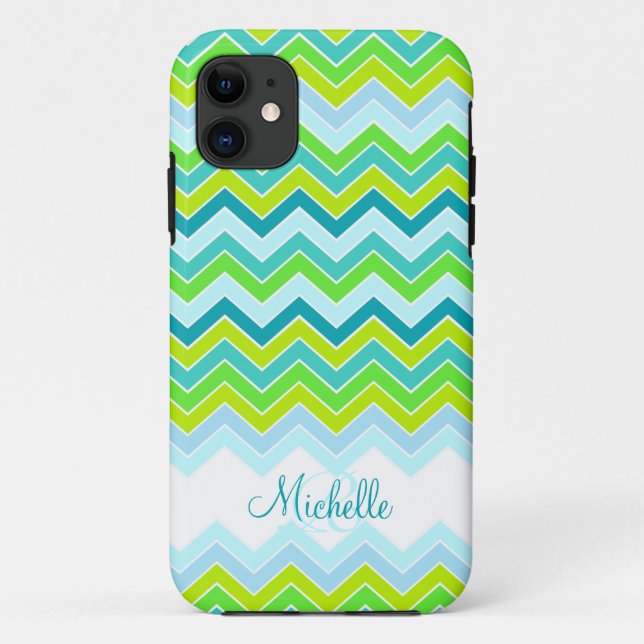 Zigzag patterned teal name initial iphone case (Back)