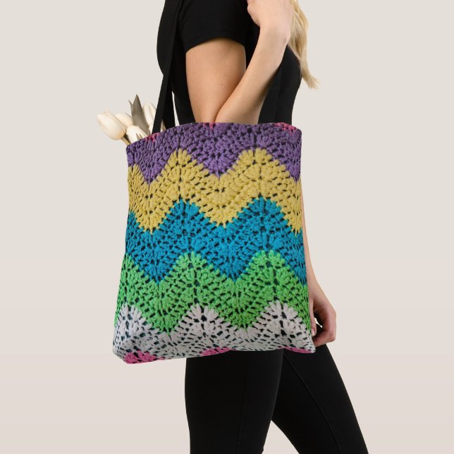 Zigzag Rainbow Crochet Design Tote Bag (Close Up)