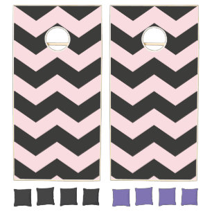 Zigzag Striped Pink Whisper and Black Cornhole Set
