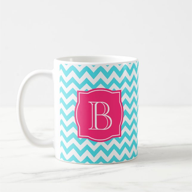 Zigzag Turquoise and Pink Custom Monogram Coffee Mug (Left)