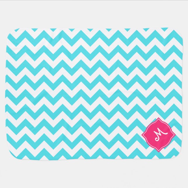 Zigzag Turquoise and Pink Custom Monogram Receiving Blanket (Horizontal)