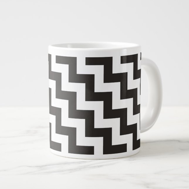 Zigzags Jumbo Mug, Black and White Chevrons Giant Coffee Mug (Front Right)