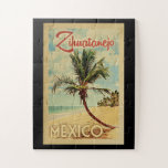 Zihuatanejo Palm Tree Vintage Travel Jigsaw Puzzle<br><div class="desc">A uniquely retro mid-century modern Zihuatanejo Mexico art print in vintage travel poster style. It features a curved palm tree on sandy beach with ocean under a blue cloudy sky.</div>