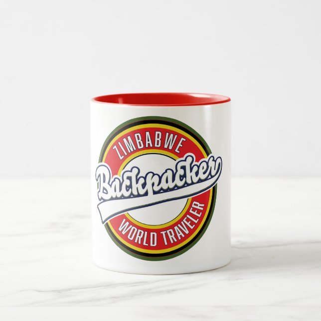 Zimbabwe backpacker world traveler logo. Two-Tone coffee mug (Center)