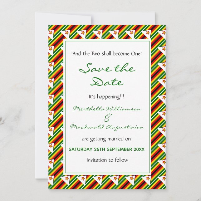 ZIMBABWE FLAG Customized Scripture IT'S HAPPENING! Save The Date (Front)