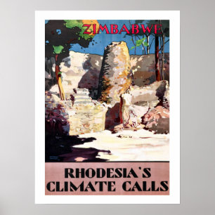 Zimbabwe, Rhodesia's climate calls, vintage,travel Poster