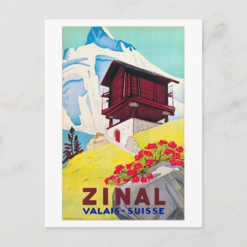 Zinal Switzerland Vintage Poster Restored Postcard