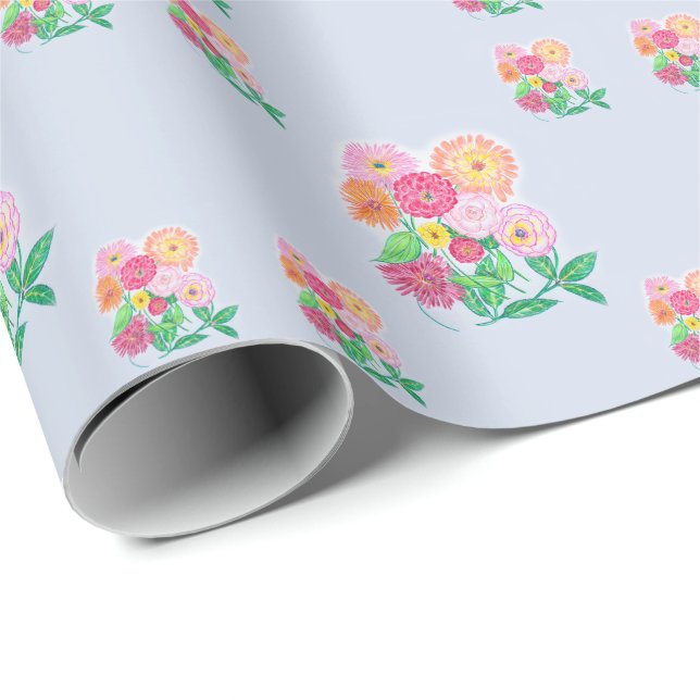 Zinia Flower Mix Pencil Drawing Color Background Wrapping Paper (Roll Corner)