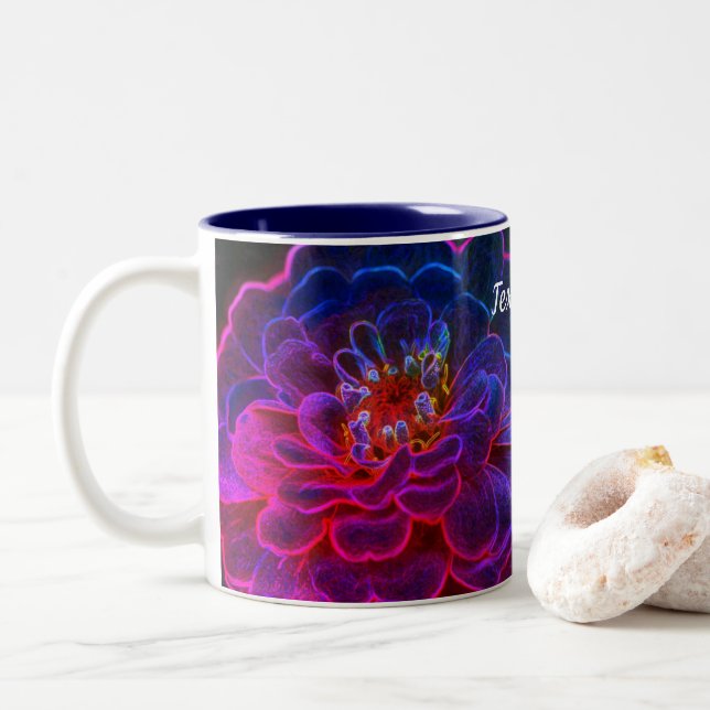 Zinnia Abstract Flower Art Flower Personalized Two-Tone Coffee Mug (With Donut)